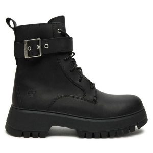 Trzewiki Timberland. Czarne botki Timberland, bez wzorów, bez obcasa, na płaskiej podeszwie, bez zapięcia. Za 499,99 zł.