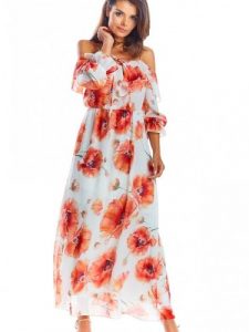 Sukienka Model A311 Red Flowers - awama. Czerwone sukienki Awama, xxl, z aplikacjami, z elastanu, bez kołnierzyka, bez ramiączek, maxi. Za 396,72 zł.