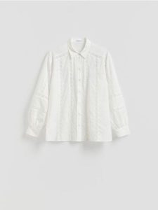 Koszula z ażurowym wzorem - biały. Białe koszule Reserved, l, w ażurowe wzory, z bawełny, bez kołnierzyka, bez ramiączek. Za 139,99 zł.