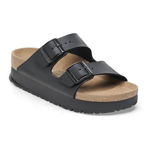 Klapki damskie Birkenstock Arizona Pap Flex Platform. Czarne klapki Birkenstock, bez wzorów, z materiału, bez obcasa. Za 332,10 zł.
