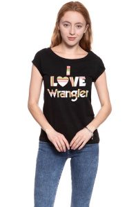 WRANGLER T SHIRT DAMSKI I LOVE TEE BLACK W700LEA01 112130872. Czarne t-shirty Wrangler, xs, bez wzorów, bez kołnierzyka, bez ramiączek. W wyprzedaży za 39,99 zł.