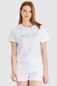 GUESS Biały t-shirt damski z kolorowym logo. Białe t-shirty Guess, s, z aplikacjami, z bawełny, bez kołnierzyka, bez ramiączek. W wyprzedaży za 129,99 zł.