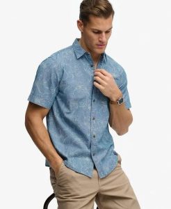 Superdry Koszula Vintage Loom krótki rękaw z organicznej bawełny. Niebieskie koszule Superdry, xl, bez wzorów, z bawełny, bez kołnierzyka, bez ramiączek. Za 301,95 zł.