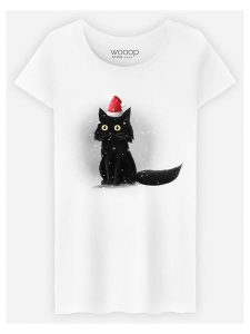 WOOOP Koszulka "Christmas Cat" w kolorze białym rozmiar: S. Białe bluzki Wooop, s, bez wzorów, z bawełny, bez kołnierzyka, bez ramiączek. Za 56,99 zł.
