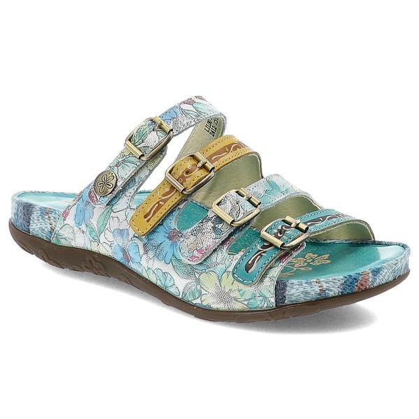 Klapki damskie Laura Vita, skórzane na płaskiej podeszwie z miękkimi wkładkami klasyczne z klamrami, turkusowe, Lillo-5025-CX1933-50. Niebieskie klapki LAURA VITA, z aplikacjami, bez obcasa, na płaskiej podeszwie. Za 305,90 zł.