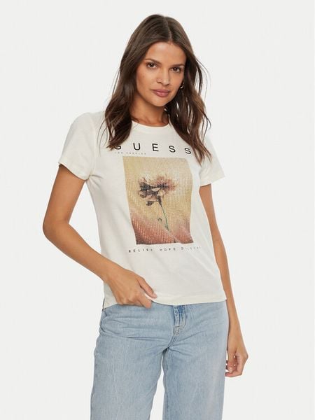 Guess T-Shirt W4BI13 KCJI0 Écru Regular Fit. T-shirty Guess, s, z aplikacjami, z bawełny, bez kołnierzyka, bez ramiączek. Za 129,99 zł.