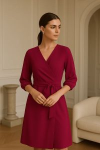 Sukienka elegancka kopertowa z bufiastymi rękawami śliwka. Sukienki Sukienki.shop, do pracy, m, bez wzorów, biznesowe, bez kołnierzyka, bez ramiączek, kopertowe. W wyprzedaży za 244,00 zł.