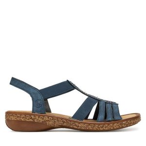 Sandały Rieker. Niebieskie sandały Rieker, bez wzorów, bez obcasa, na płaskiej podeszwie, bez zapięcia. Za 223,99 zł.