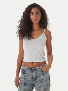 Guess Jeans Top W6GPB5 KG372 Szary Regular Fit. Szare topy Guess Jeans, l, z aplikacjami, z jeansu, bez kołnierzyka, bez ramiączek. Za 129,99 zł.