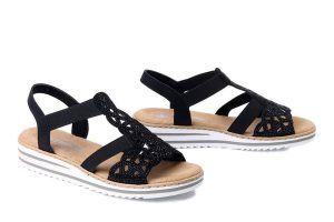 RIEKER V0646-00 black, sandały damskie. Czarne sandały Rieker, bez wzorów, bez obcasa, bez zapięcia. Za 319,90 zł.