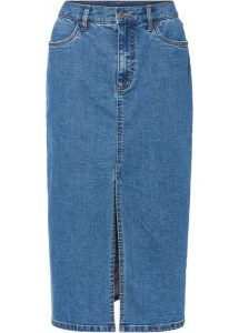 Długa spódnica dżinsowa z rozcięciem, z materiału Positive Denim #1 Fabric. Niebieskie spódnice bonprix, bez wzorów, z bawełny, maxi. Za 129,99 zł.