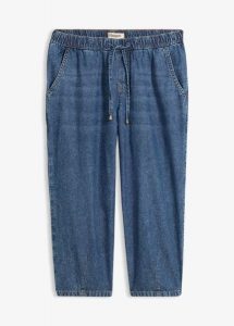 Jeansy barrel, mid waist, cropped. Niebieskie jeansy bonprix, bez wzorów, z jeansu. Za 79,99 zł.