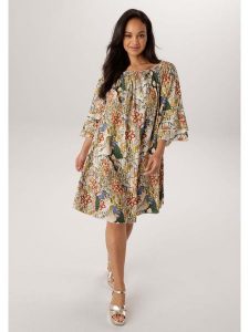 Aniston Sukienka w kolorze beżowym ze wzorem rozmiar: 52. Brązowe sukienki Aniston, bez wzorów, z wiskozy, bez kołnierzyka, bez ramiączek, midi. Za 217,99 zł.