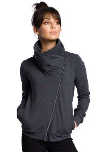 Sportowa Bluza Zapinana na Ukośny Zamek - Grafitowa. Szare bluzy MOE, l, bez wzorów, z bawełny, bez kaptura. Za 273,90 zł.