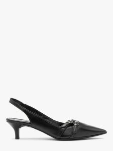 Czarne czółenka slingback z ozdobnymi paskami. Czarne czółenka Ryłko, bez wzorów, z gumy, bez obcasa, na obcasie, bez zapięcia. Za 399,99 zł.