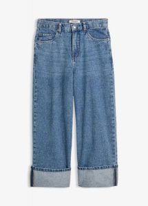 Jeansy wide leg, mid waist, cropped. Niebieskie jeansy bonprix, bez wzorów, z jeansu. Za 127,99 zł.
