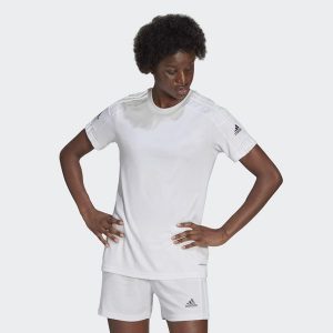 Koszulka damska adidas Squadra 21 Jersey. Białe bluzki ADIDAS, l, bez wzorów, z jersey, sportowe, bez kołnierzyka, bez ramiączek. Za 69,00 zł.