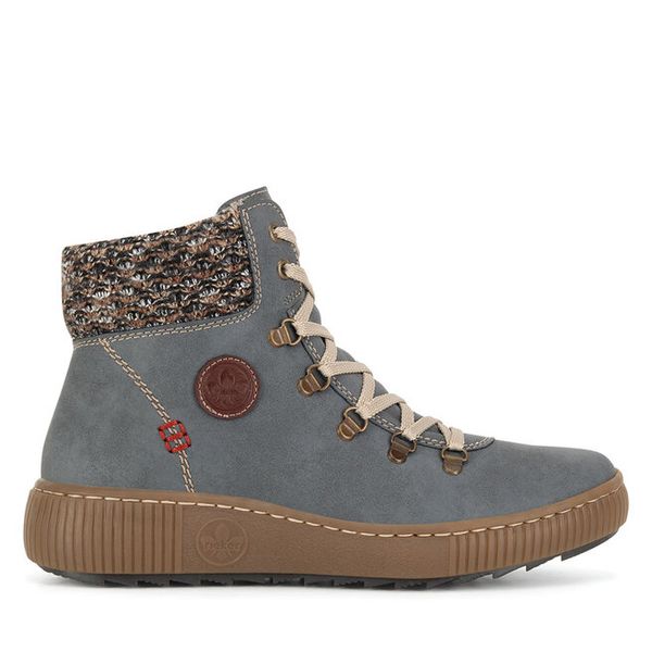 Trzewiki Rieker. Niebieskie botki Rieker, bez wzorów, bez obcasa, na płaskiej podeszwie, bez zapięcia. Za 251,99 zł.