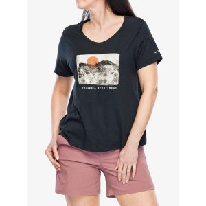 Koszulka z nadrukiem damska Columbia Ruby Springs Graphic Scoop Neck S/S. Czarne koszulki sportowe Columbia, bez wzorów, bez ramiączek. Za 114,18 zł.