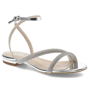 Srebrne Sandały Bayla Eleganckie Płaskie Buty. Szare sandały Bayla, z aplikacjami, bez obcasa, na obcasie, bez zapięcia. Za 239,00 zł.