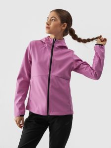4F Kurtka softshell wiatroodporna membrana 5000 damska - różowa S. Czerwone kurtki 4f, na zimę, m, bez wzorów, z dzianiny, z kapturem. W wyprzedaży za 139,99 zł.