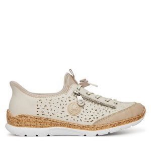 Półbuty Rieker. Brązowe półbuty Rieker, bez wzorów, bez obcasa, na płaskiej podeszwie, bez zapięcia. Za 329,99 zł.