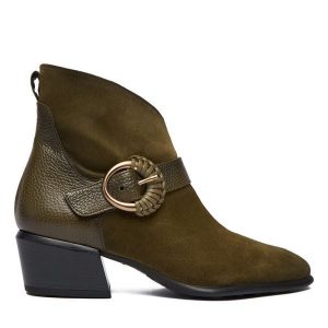 Botki Hispanitas. Zielone botki Hispanitas, bez wzorów, bez obcasa, na słupku, bez zapięcia. Za 579,99 zł.