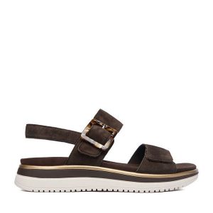 Sandały Remonte. Brązowe sandały Remonte, bez wzorów, bez obcasa, na płaskiej podeszwie, bez zapięcia. Za 379,99 zł.