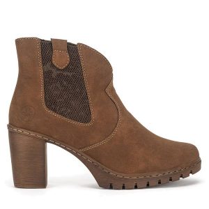 Botki Rieker. Brązowe botki Rieker, bez wzorów, bez obcasa, na słupku, bez zapięcia. Za 271,00 zł.