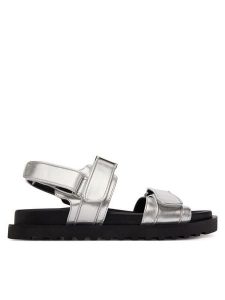 Guess Sandały FLJFBL LEL03 Srebrny. Szare sandały Guess, z aplikacjami, ze skóry, bez obcasa, na płaskiej podeszwie, bez zapięcia. Za 499,99 zł.