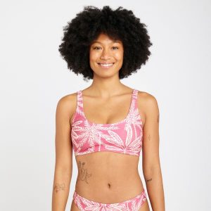 Góra kostiumu kąpielowego surfingowego damska Olaian Aurely Palmer. Czerwone bikini OLAIAN, bez wzorów, z elastanu. W wyprzedaży za 39,99 zł.
