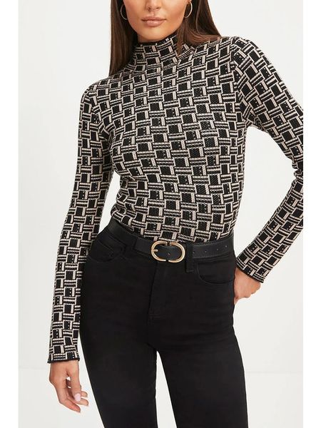 Milan Kiss Koszulka w kolorze czarno-beżowym ze wzorem rozmiar: S. Brązowe bluzki Milan Kiss, s, bez wzorów, bez kołnierzyka, bez ramiączek. Za 135,17 zł.