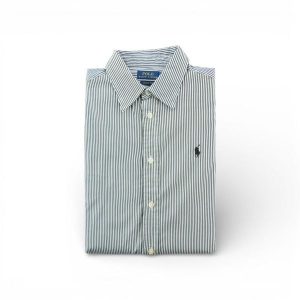 Klasyczna damska koszula w paski. Niebieskie koszule Ralph Lauren, bez wzorów, bez kołnierzyka, bez ramiączek. Za 170,36 zł.