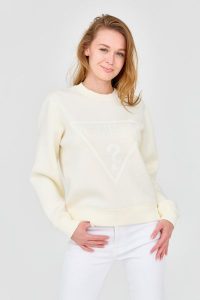 GUESS Damska bluza w kolorze ecru z dużym logo. Białe bluzy Guess, s, z aplikacjami, z wiskozy, bez kaptura. W wyprzedaży za 303,99 zł.