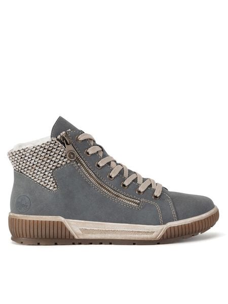 Rieker Trzewiki N0709-14 Niebieski. Niebieskie botki Rieker, bez wzorów, ze skóry, bez obcasa, na płaskiej podeszwie, bez zapięcia. Za 251,99 zł.