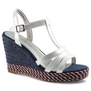 Sandały damskie Tamaris, wykonane z materiału syntetycznego i tekstylnego i plecioną koturną z wyraźnie zaznaczoną platformą, białe metaliczne, 1-283. Niebieskie sandały Tamaris, bez wzorów, z syntetyku, bez obcasa, na koturnie, bez zapięcia. Za 175,50 zł.