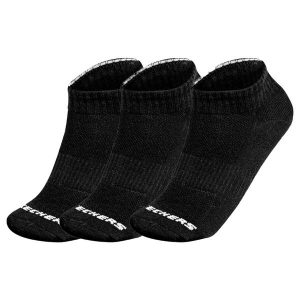 Skarpetki sportowe dla dorosłych 3pk Unisex Terry Qtr Crew. Czarne skarpetki Skechers, bez wzorów, z materiału. Za 44,99 zł.