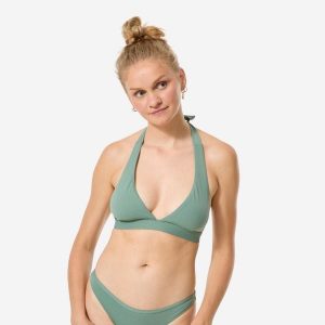 Góra kostiumu kąpielowego damska Decathlon Cora Zuma. Zielone bikini OLAIAN, bez wzorów, z elastanu. Za 79,99 zł.