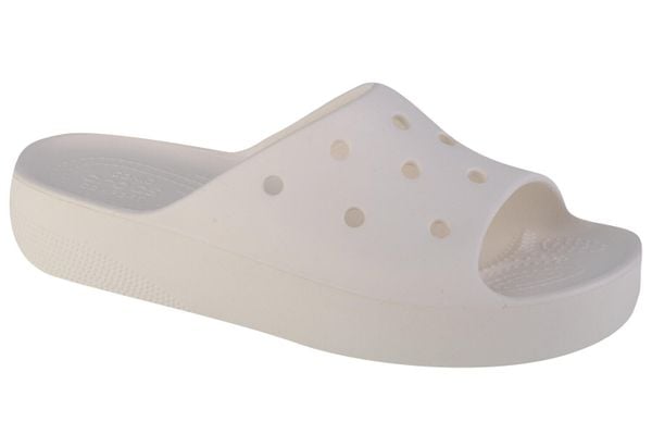 Klapki damskie Crocs Classic Platform Slide. Białe klapki Crocs, bez wzorów, z materiału, bez obcasa. Za 139,99 zł.