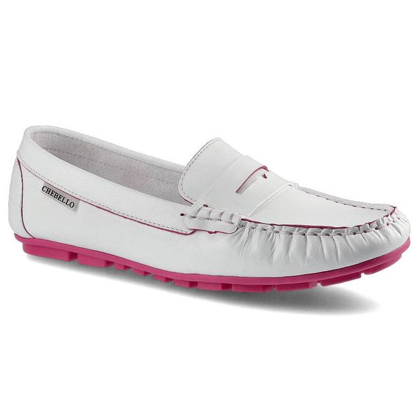 Mokasyny damskie Chebello, naturalna skóra licowa z charakterystycznym przeszyciem mokasynowym paskiem na podbiciu oraz elastyczną podeszwą z kontras. Białe półbuty CheBello, bez wzorów, ze skóry, bez obcasa, bez zapięcia. Za 159,00 zł.