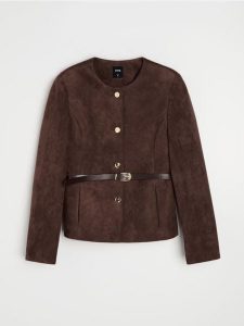 Żakiet slim fit z ozdobnymi guzikami i paskiem - brązowy. Brązowe marynarki i żakiety Sinsay, l, bez wzorów. Za 79,99 zł.