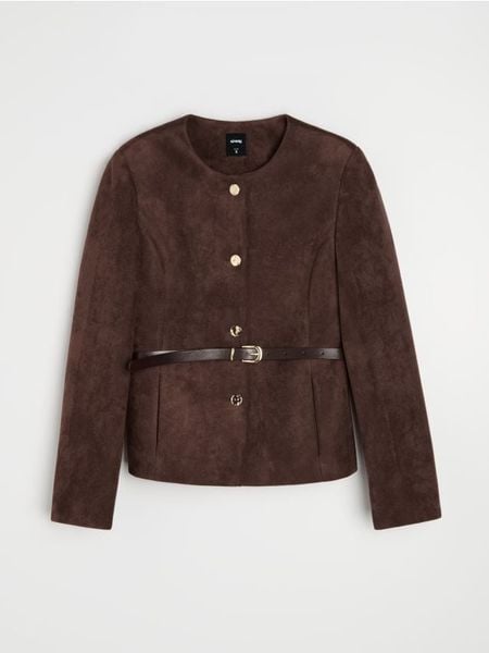 Żakiet slim fit z ozdobnymi guzikami i paskiem - brązowy. Brązowe marynarki i żakiety Sinsay, l, bez wzorów. Za 79,99 zł.