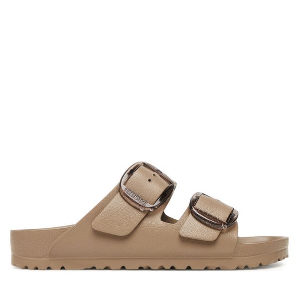 Klapki Birkenstock. Brązowe klapki Birkenstock, bez wzorów, bez obcasa. Za 299,99 zł.