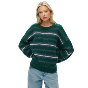 Sweter w paski z miękkiej dzianiny dla kobiet Superdry. Zielone swetry klasyczne Superdry, na zimę, z dzianiny, bez kołnierzyka. Za 288,40 zł.