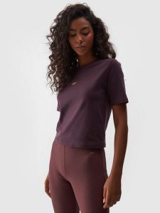 4F T-shirt slim cropped damski - fioletowy L. Fioletowe t-shirty 4f, l, bez wzorów, z bawełny, bez kołnierzyka, bez ramiączek. W wyprzedaży za 29,99 zł.