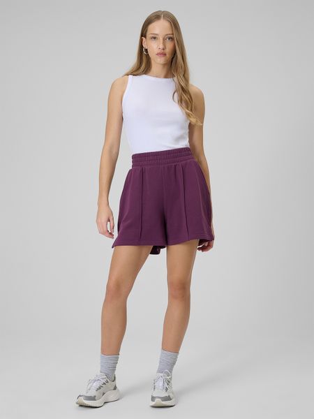 4F Spodenki dresowe damskie - burgundowe XS. Czerwone szorty 4f, bez wzorów, z bawełny, z podwyższonym stanem. Za 99,99 zł.