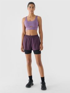 4F Spodenki treningowe 2w1 szybkoschnące damskie - fioletowe XS. Fioletowe spodenki sportowe 4f, s, bez wzorów, z dzianiny, z podwyższonym stanem, do biegania. W wyprzedaży za 59,99 zł.