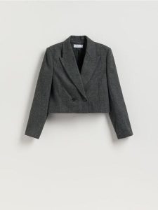 Krótka marynarka - ciemnoszary. Szare marynarki i żakiety Reserved, l, bez wzorów, z tkaniny. Za 229,99 zł.