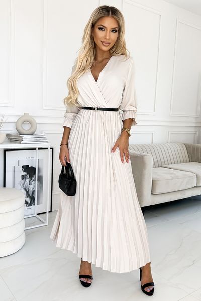 Elegancka Długa Sukienka z Plisowanym Dołem - Beżowa. Brązowe sukienki NUMOCO, uniwersalny, bez wzorów, z elastanu, eleganckie, bez kołnierzyka, bez ramiączek, maxi, plisowane. Za 178,90 zł.