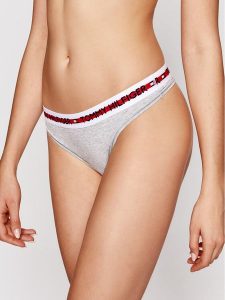 Tommy Hilfiger Stringi Thong UW0UW02458 Szary. Szare stringi TOMMY HILFIGER, bez wzorów, z bawełny. Za 59,99 zł.